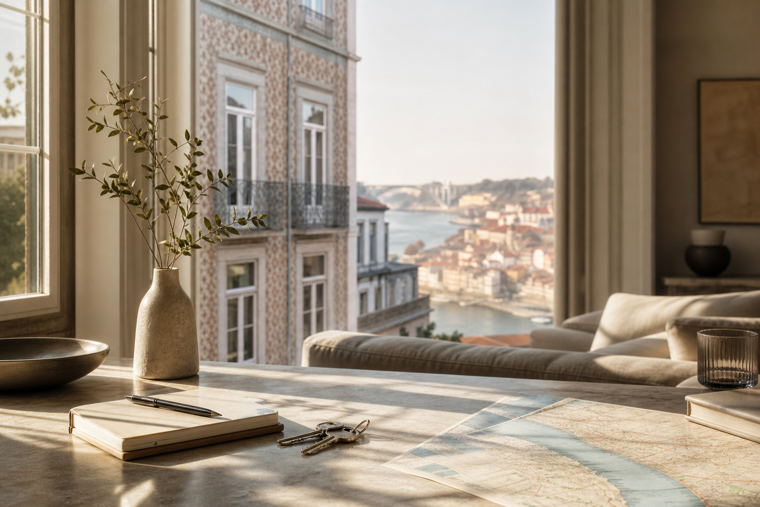 Keys, notebook and map on a marble table overlooking Porto and the Douro